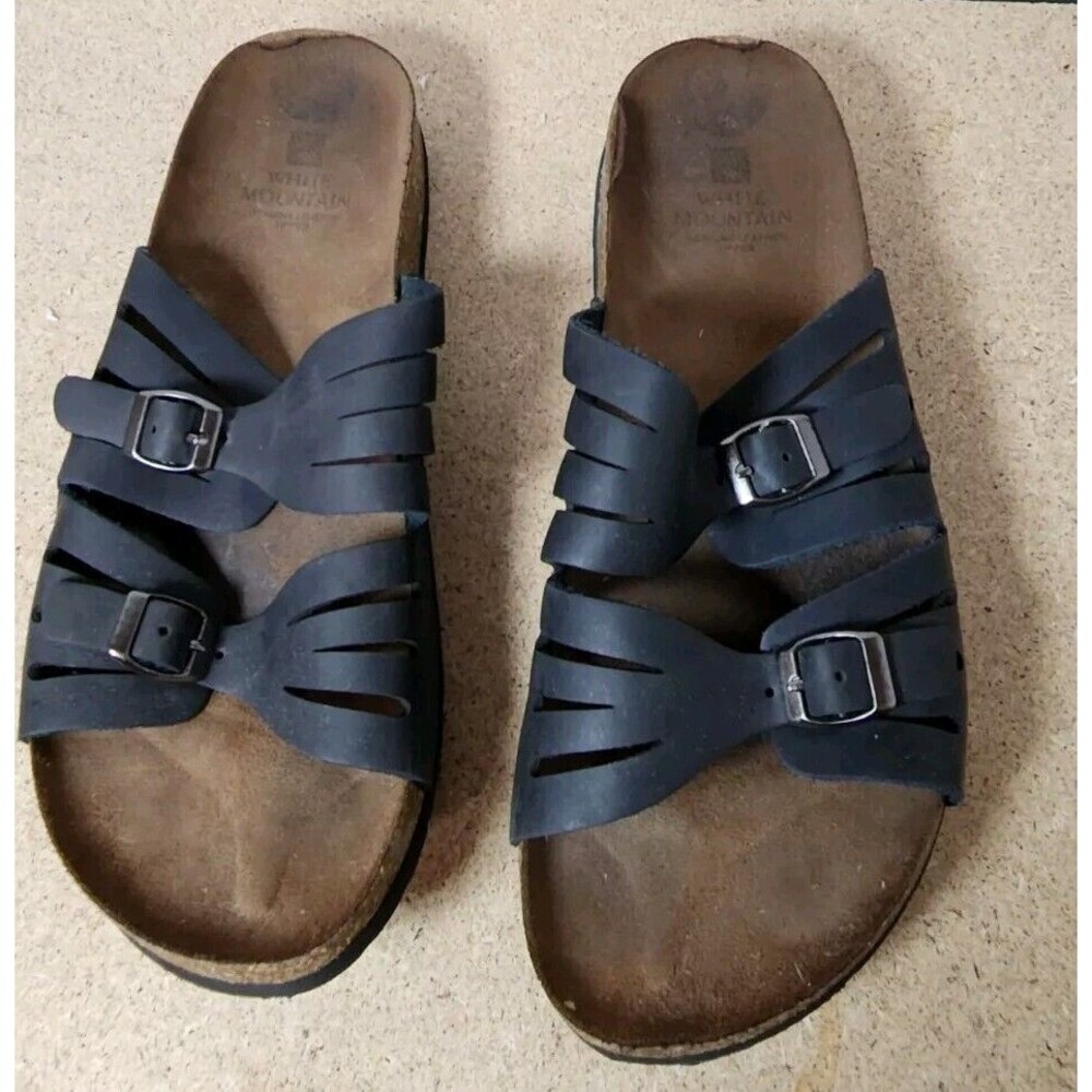 White Mountain Sandals Womens Footbeds Slides Slip On Black‎ Leather Casual